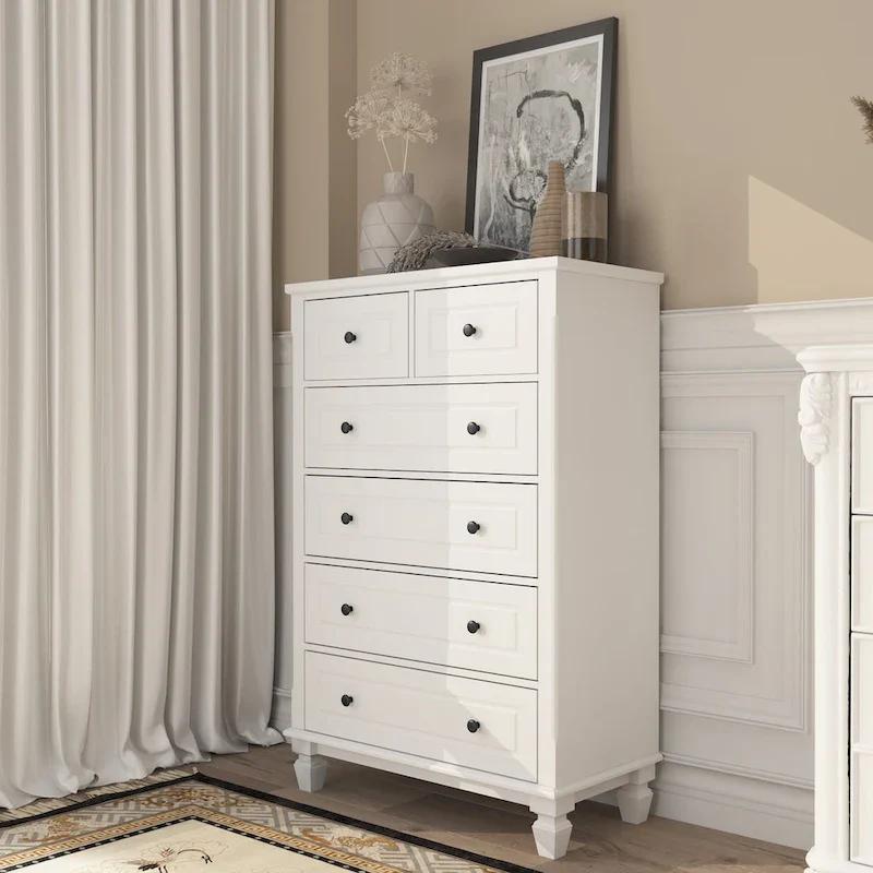 White 6-Drawer Dresser, Modern Style, for 1 Person