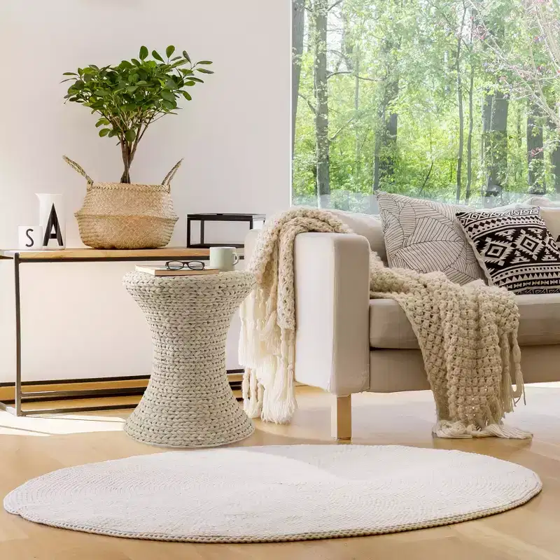 Casafield Hourglass Accent Table - Whitewash White, Water Hyacinth Side Table, Woven Boho Wicker End Table for Living Room, Bedroom, Entryway