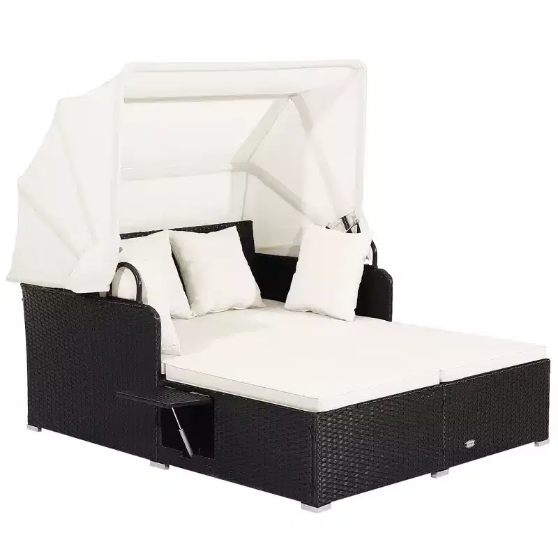 Costway Patio Rattan Daybed Lounge Retractable Top Canopy Side Tables Cushions Off White/Red/Turquoise/Beige