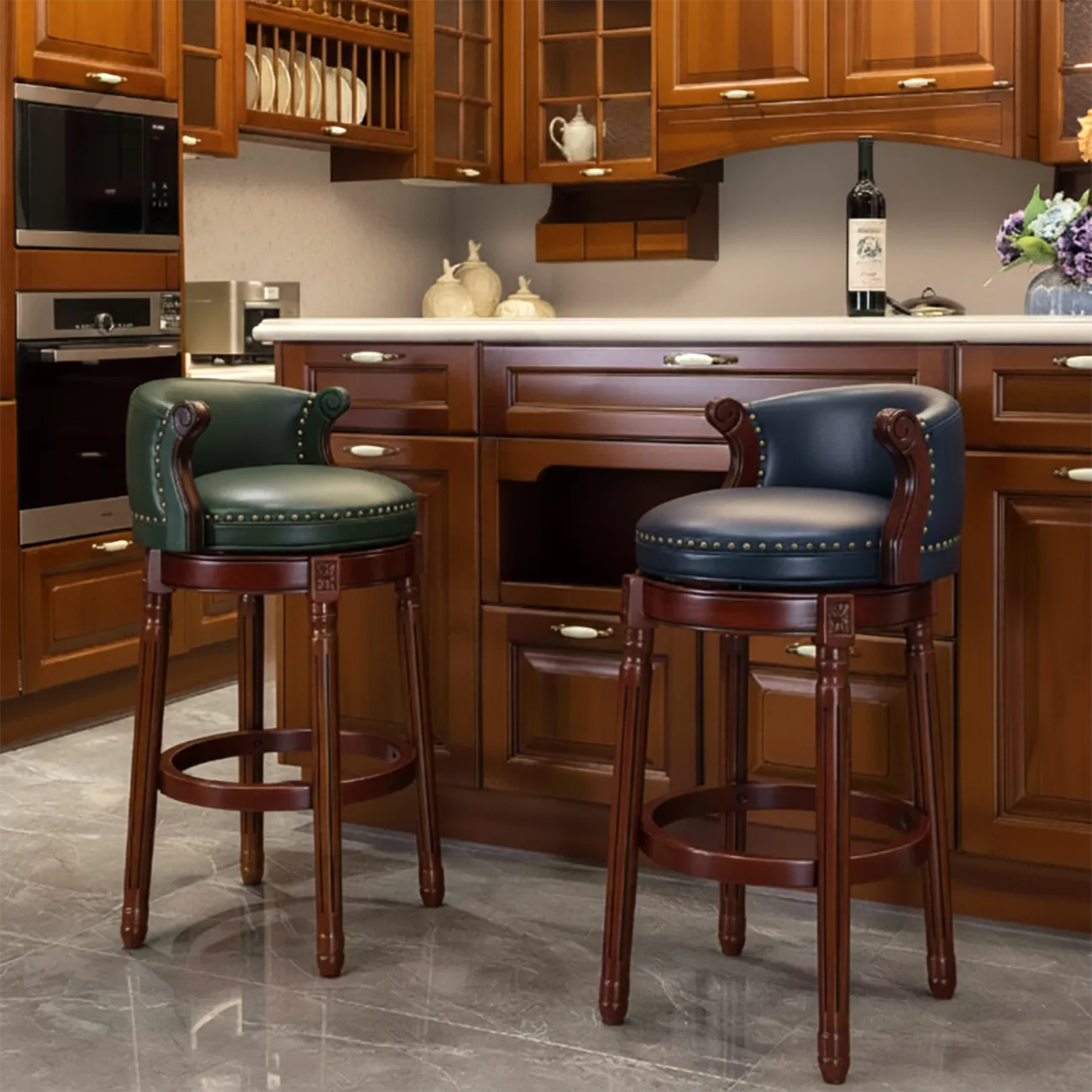 Solid Wood Leather Swivel Counter Stools with Backs