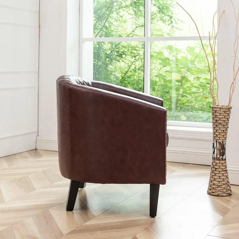 KINWELL PU Leather Tufted Barrel Chair Club Armchair with Nailheads