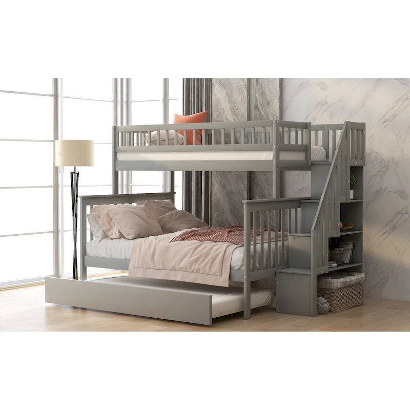 Twin over Full Bunk Bed with Trundle and Staircase,Gray