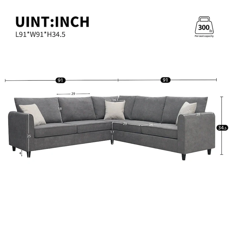 Modern Upholstered L-Shaped Sectional Sofa Couch with 3 Pillows