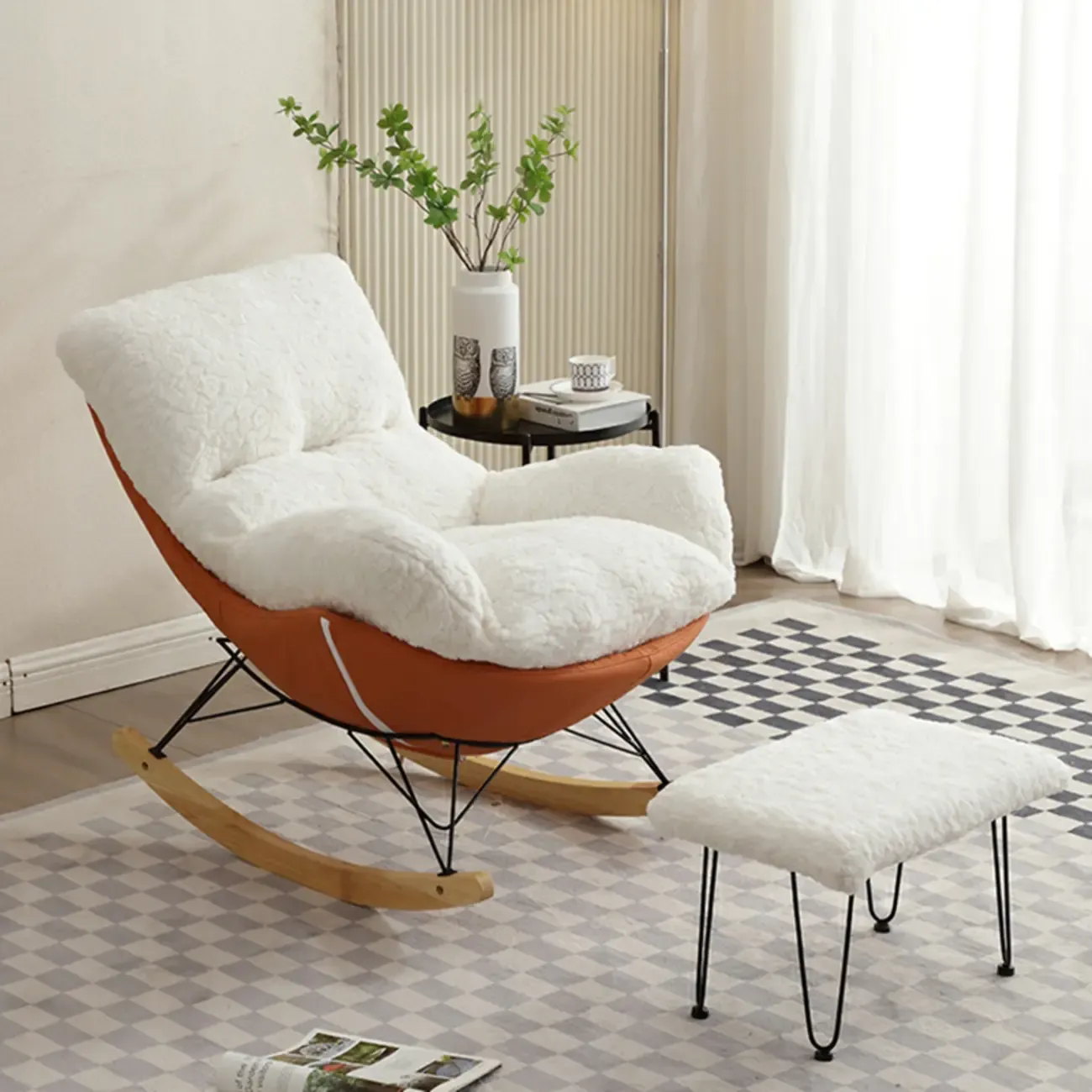 Modern Armless Upholstered Rocking Chair with Ottoman
