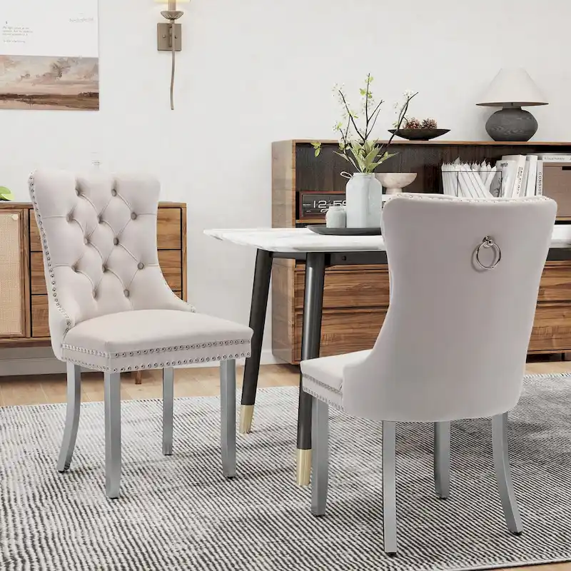 Tufted Velvet Dining Chair with Button Back, Nailhead Trim