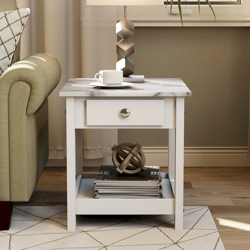 Transitional Rubberwood Coffee Table and End Table with Drawer