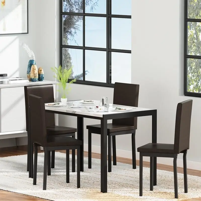 Modern Faux Marble 5 Pieces Kitchen Dining Set with 4 Cushion PU Leather Chairs