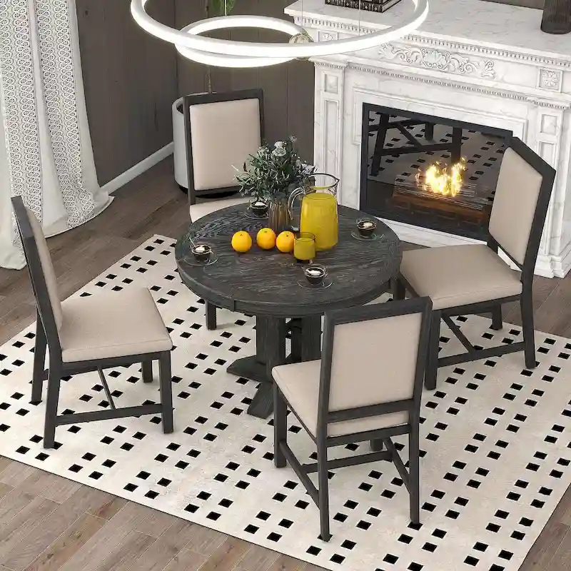 Farmhouse Retractable Round Table with 4 Upholstered Chairs