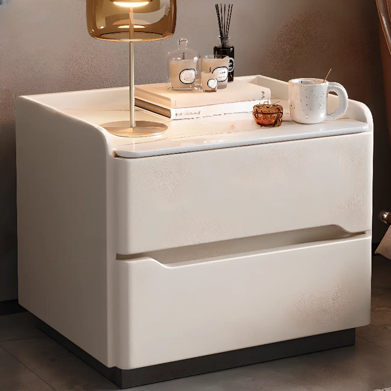 Modern Leather Tray Stone Top 2 Drawers Nightstand