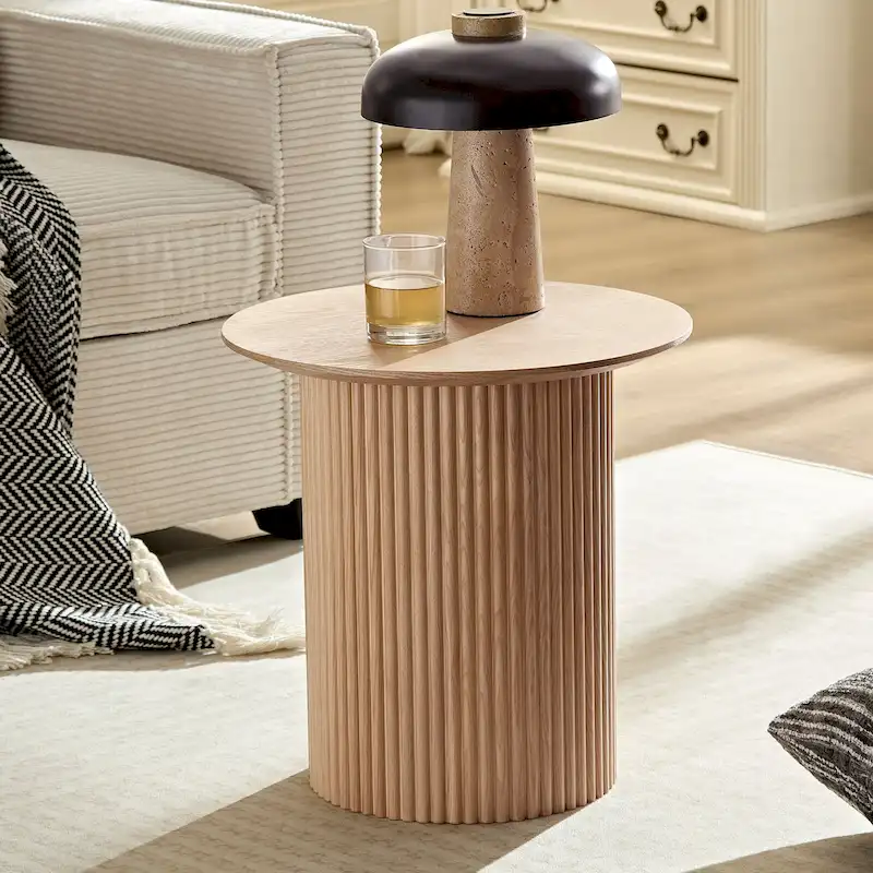 17.71 Inch Round Fluted Side Table with Tambour Design, Oak