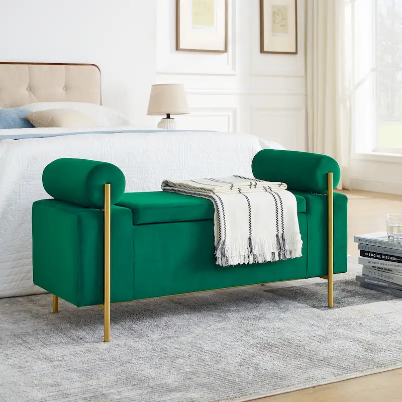 Green / Beige / White Velvet Storage Bench with Gold Legs - 2-Seat