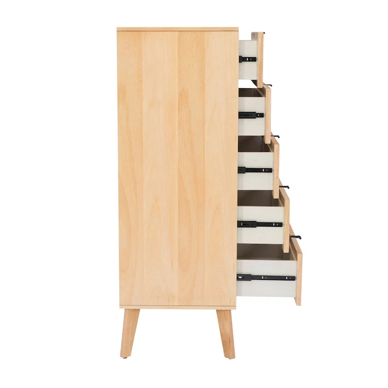 Natural Rattan Cane 5-Drawer Chest with Solid Wood Legs – Mid-Century Modern Style, Bedroom Use