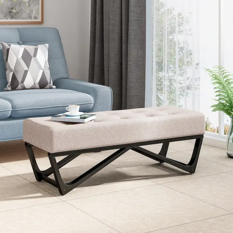 Tufted Fabric Ottoman Bench with Bentwood Legs