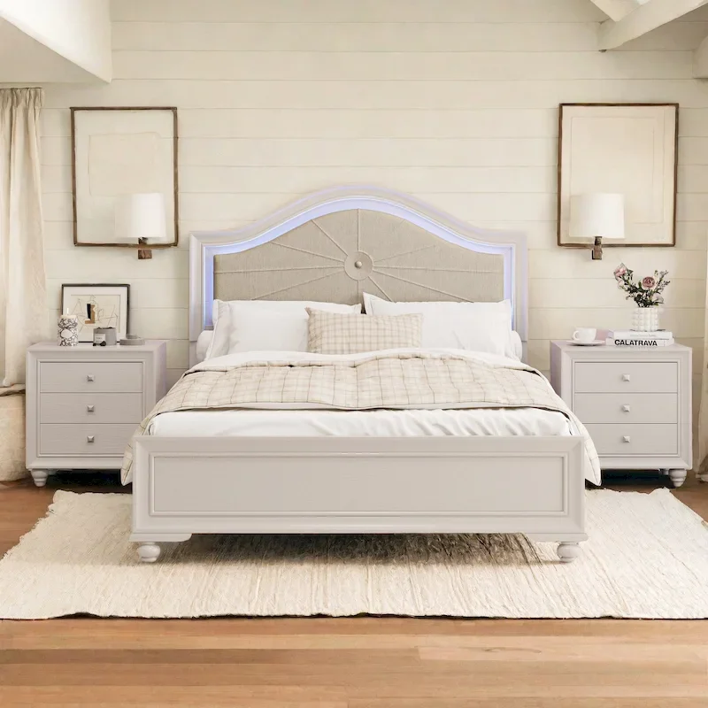 Queen LED Light Upholstered Platform Bed with Adjustable Lighting