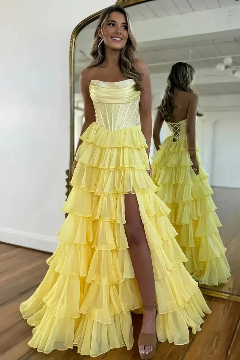 Yellow - A Line Strapless Chiffon Beaded Corset Long Prom Dress With Slit
