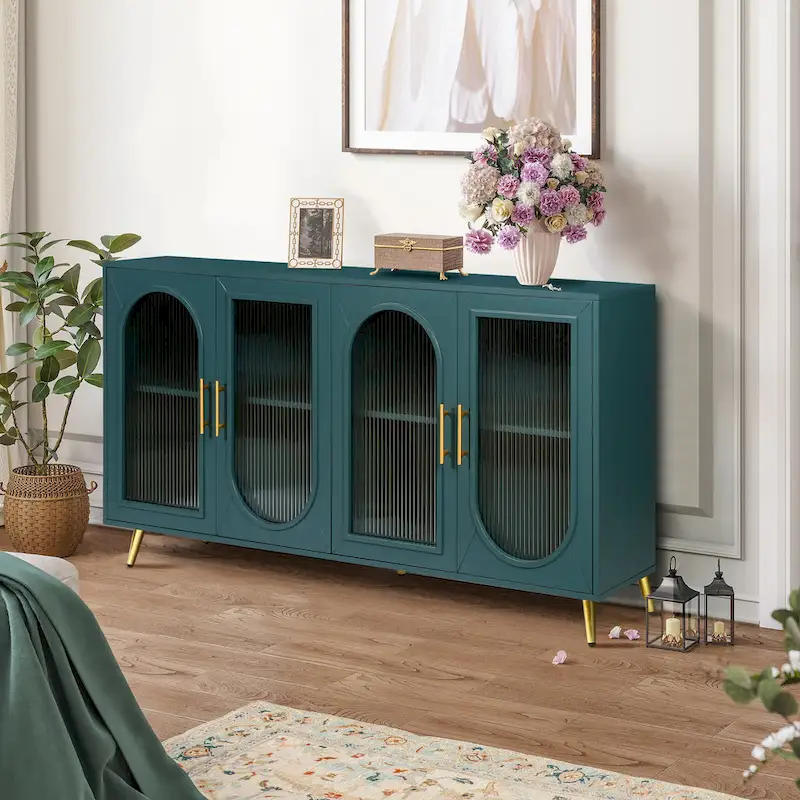Antique Blue 4-Door TV Stand with Adjustable Shelves & Storage Cabinet