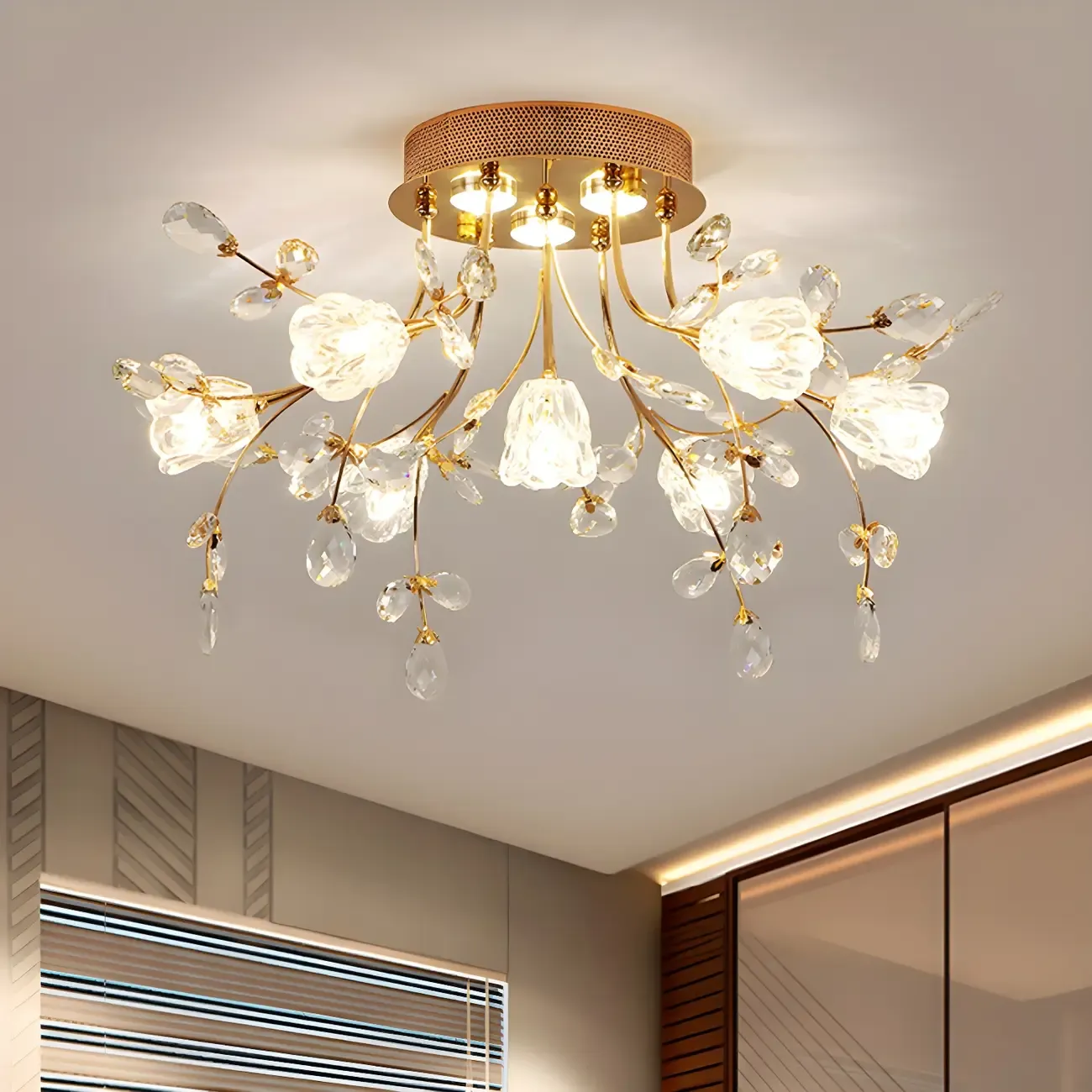 7 Lights Crystal Floral Semi Flush Mount Ceiling Light
