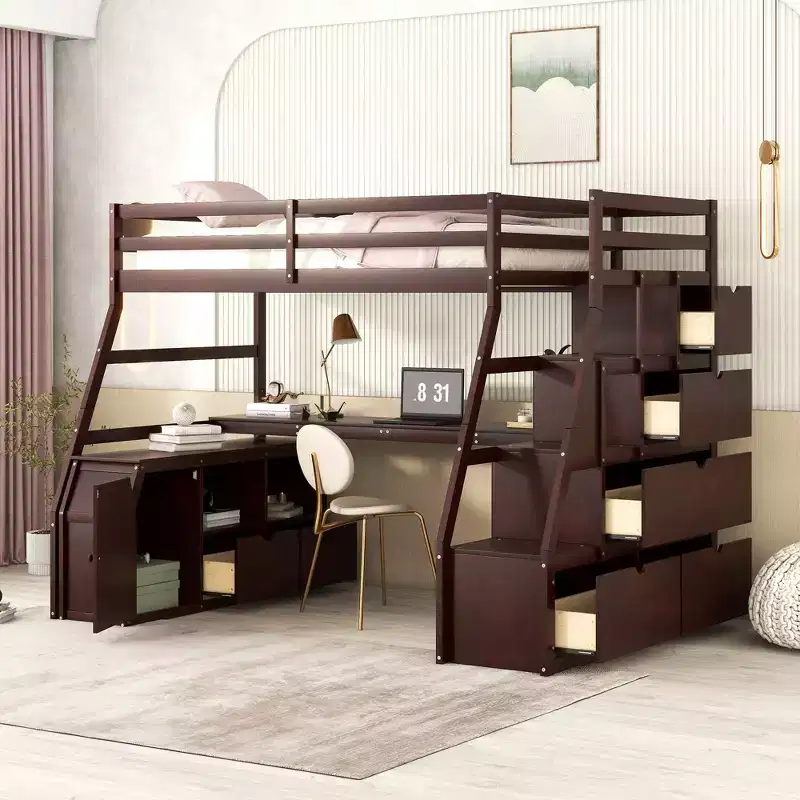 Whisen 94.7L x 56.8W Unique Design Twin Size Loft Bed with 7 Drawers, 2 Shelves and Desk, Comfortable Sleeping Area