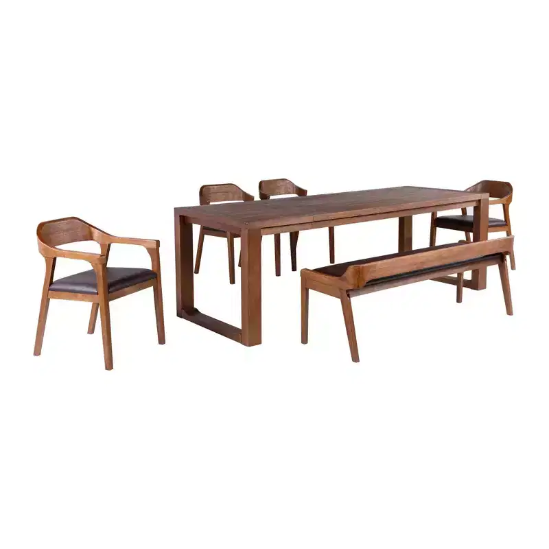 Boraam 6pc Rasmus Extendable Dining Table Set Chestnut Wire-Brush: Modern Style, Faux Leather Bench & Chairs