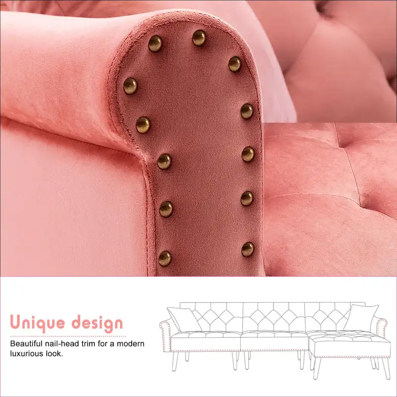 Convertible Velvet Sofa Couch, Sectional Sofa with Ottoman, Mid-Century Futon Sofa Bed - 32D x 100.7W x 29.9H