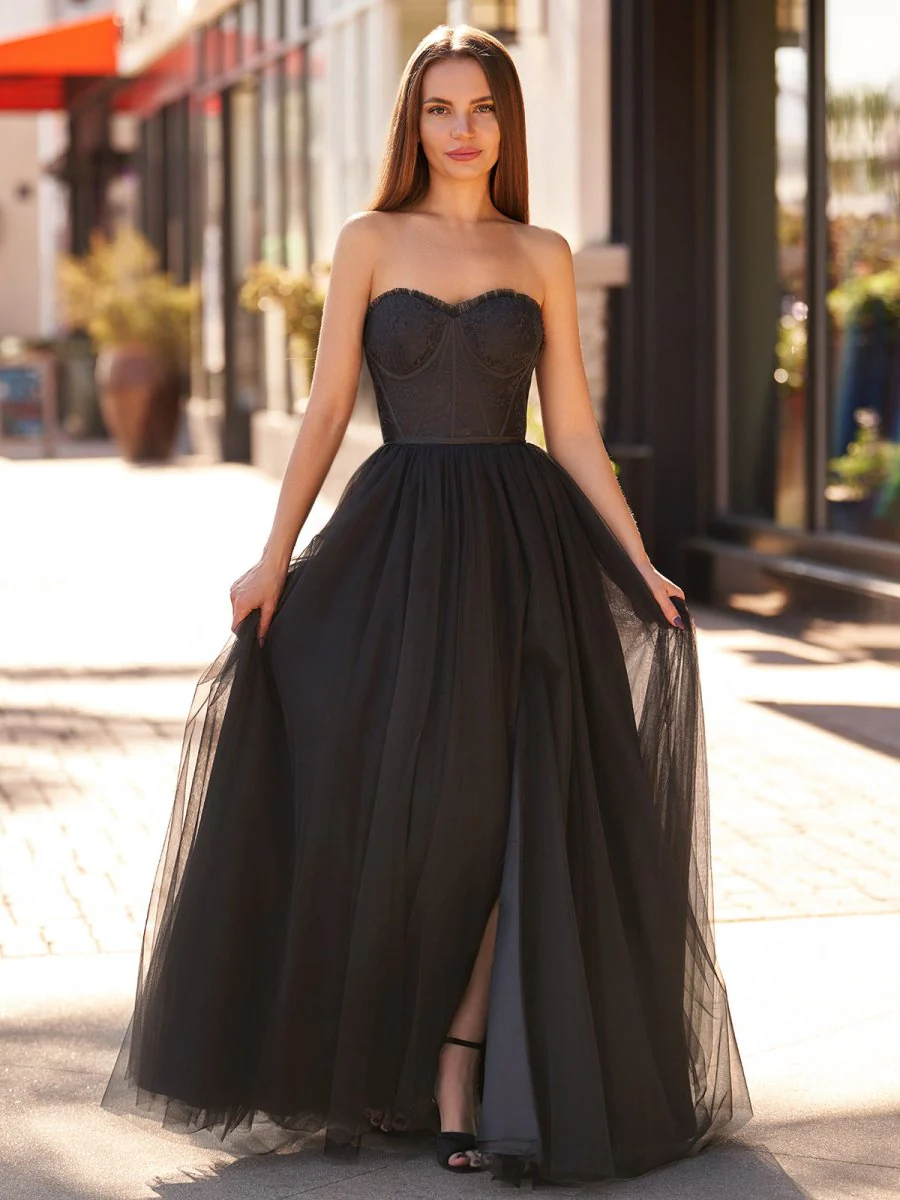 A Line Sweetheart Corset Tulle Prom Dress with Slit
