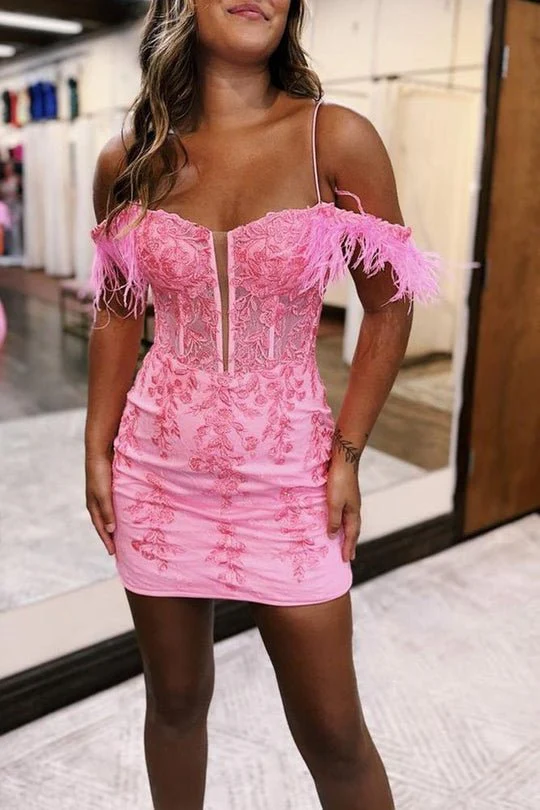 Sheath Off the Shoulder Pink Lace Homecoming Dress