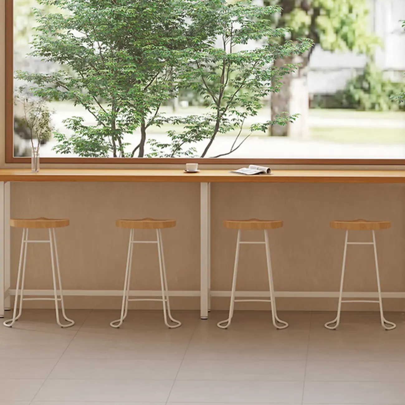 Natural Wooden Top Bar Table Metal Base with Footrest