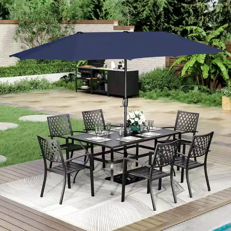 MAISON ARTS 8-Piece Outdoor Dining Set with 13ft Umbrella Steel Rectangle Table & 6 Stackable Chairs