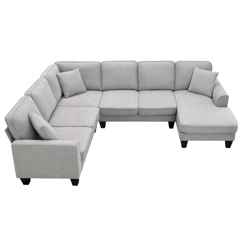 Modern U-Shaped 7-Seater Fabric Sectional Sofa Set with 3 Pillows, 108
