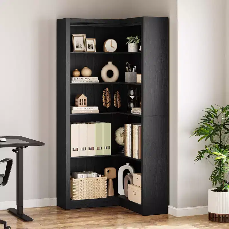 71.8'' Tall Heavy Duty L-Shaped Corner Bookshelf for Office, 5-Tier Open Storage Bookcase, Large Wood Display Shelf, for Living Room or Bedroom
