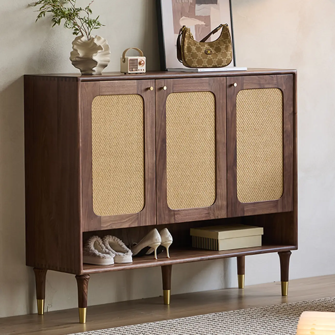 Bohemian Brown Solid Wood Entryway Shoe Cabinet