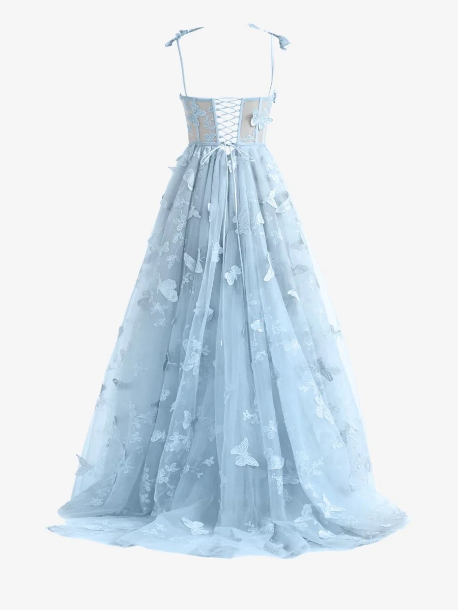 Sky Blue A-line Butterfly Lace Lilac Corset Prom Dress with Slit