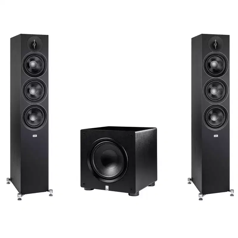 Elac - Two DF63-BK - Debut 3.0 6.5 Floor Speaker - Black and Elac PS350-BK - Varro Premium 12 350 Watt Powered Subwoofer with Auto-EQ