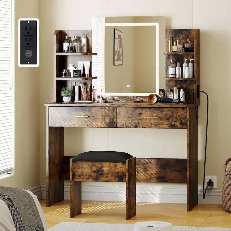 Vanity Desk with Mirror and Lights, Makeup Vanity Set w/Desk and Stool