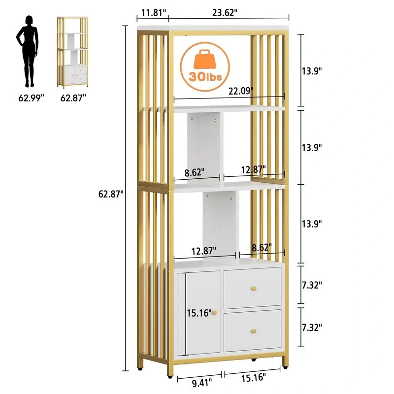 White and Gold 8-Shelf Bookcase with Cabinet and Drawers