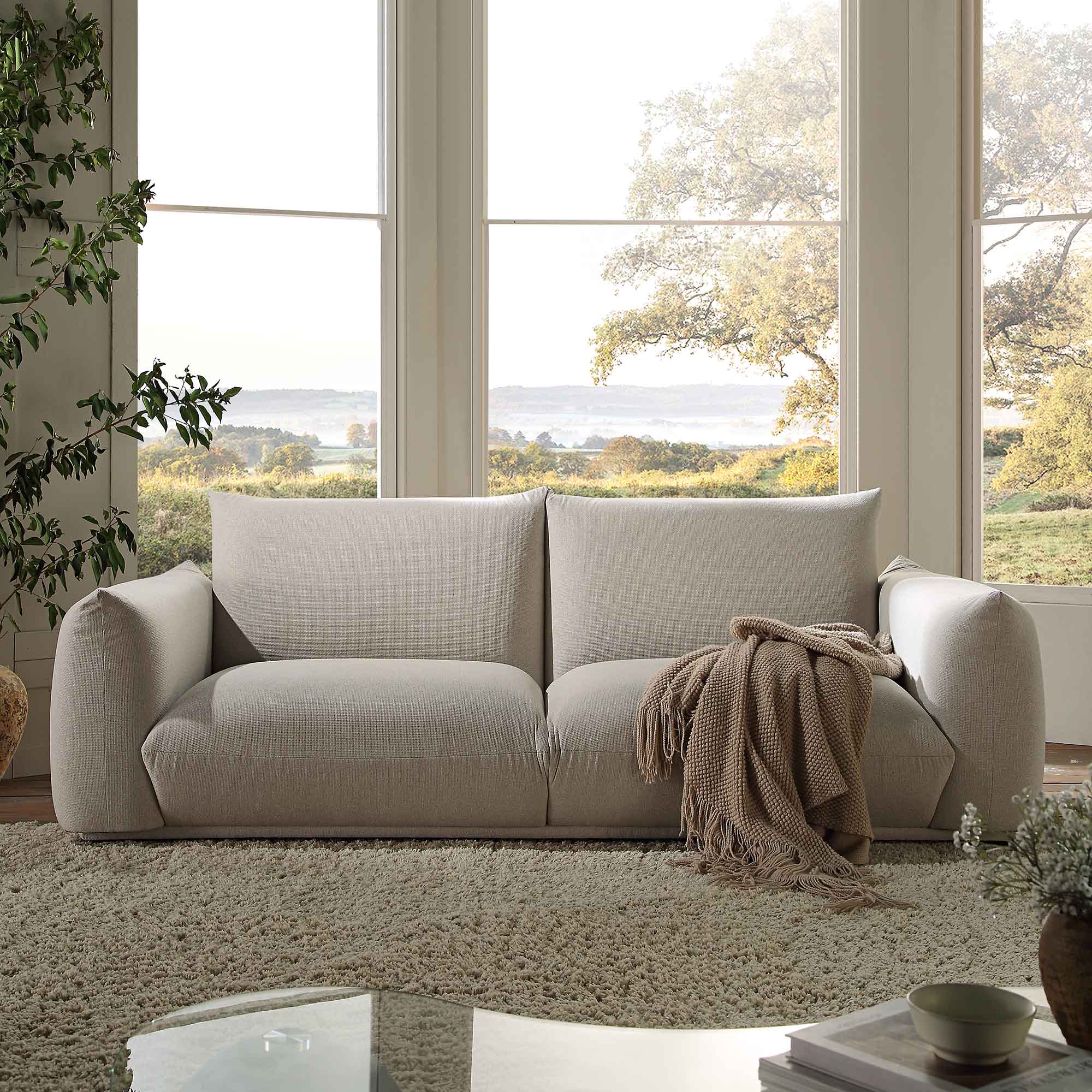 Three Seater Sofa, Beige Woven Fabric