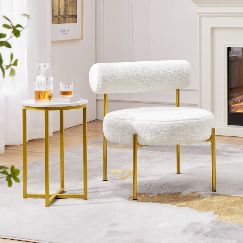 Boucle Gold Metal Legs Accent Chair with Round Padded Seat, White