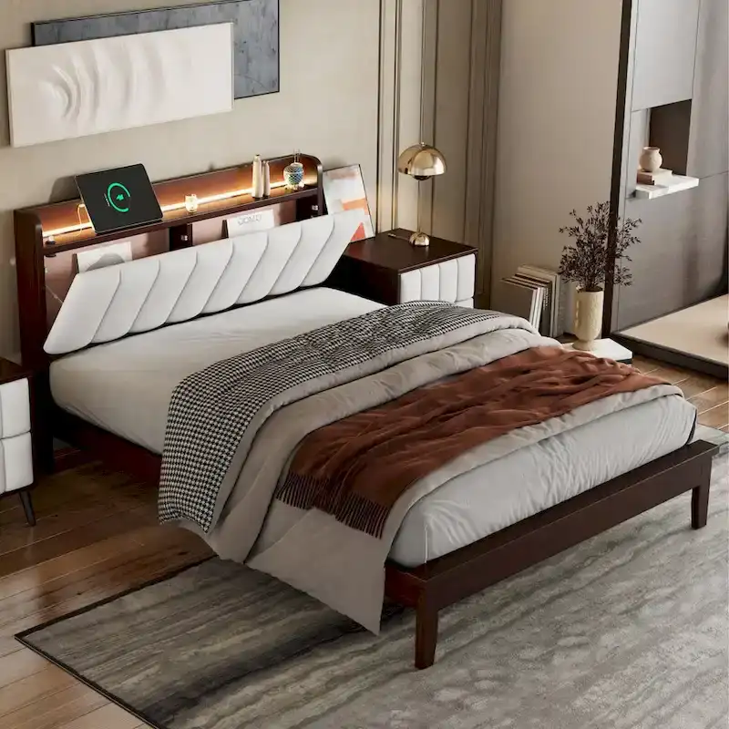 Walnut/Grey Upholstered Platform Bed with LED Headboard & USB Charging, Full/Queen, Fits 2