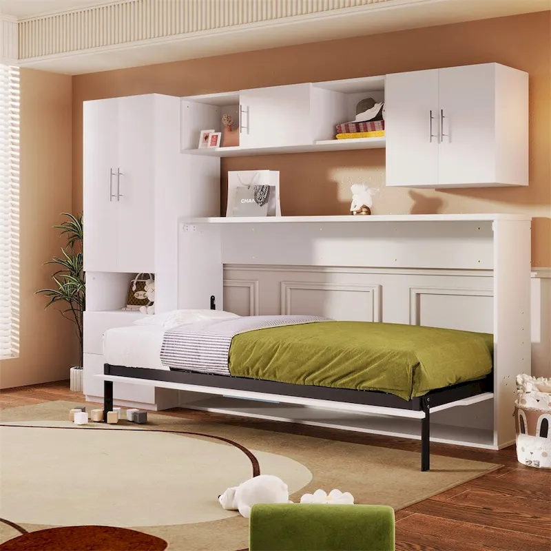 White Twin Murphy Wall Bed with Storage Shelves & Drawers, Sleeps 1