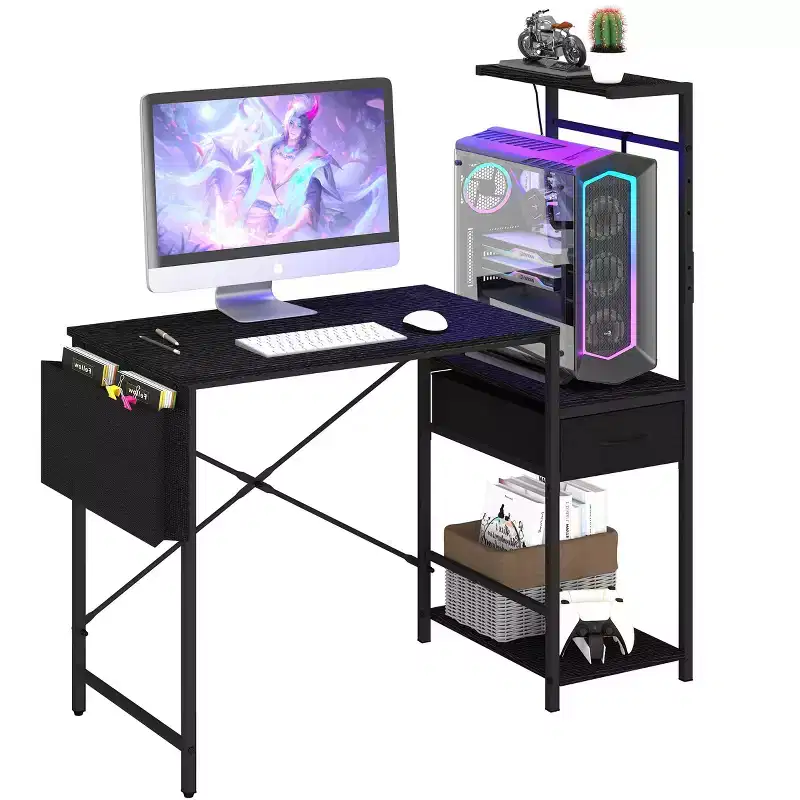 Bestier 45 RGB LED Gaming Desk with Headphone Hook & Drawer, Reversible Ergonomic Computer Desk Gamer Table with Storage Bag for Home Office, Black