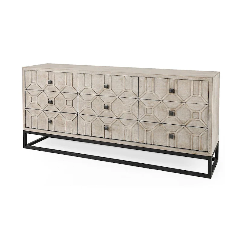 Genevieve II Gray Fir Veneer w/Gold Metal Frame Base 9 Drawer Sideboard