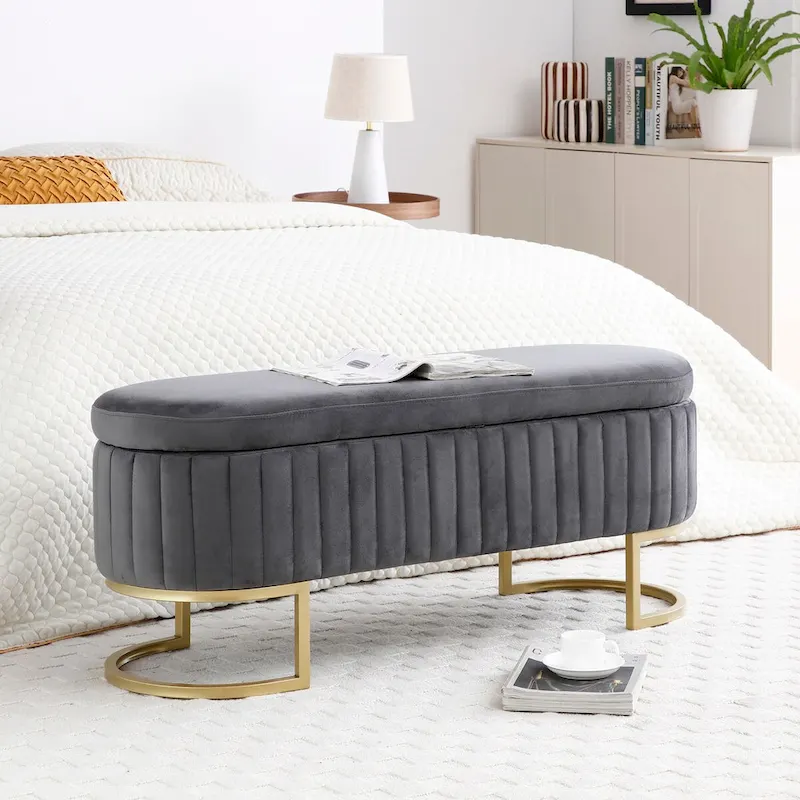 Storage Bench Bedroom Bench,Velvet Oval Upholstered End of Bed Bench with Golden Metal Legs,50 Storage Ottoman Bench