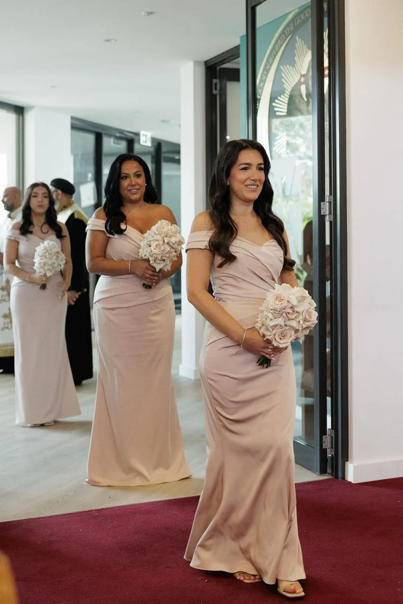 Mermaid Off the Shoulder Champagne Elastic Satin Long Bridesmaid Dresses