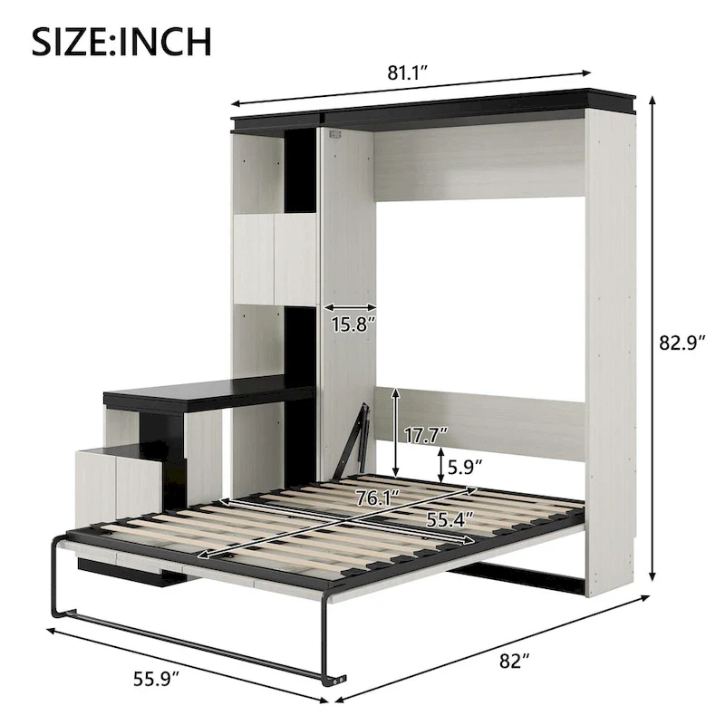 Black & White Full Size Murphy Bed with Desk and Storage Shelves, For 1 Person