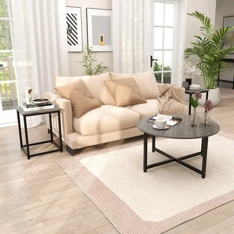 Costway 3 PCS Coffee Table Set Round Coffee Table and 2PCS Square End - See Details