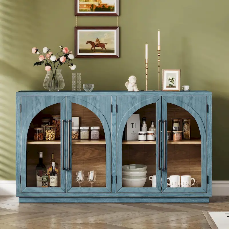 Navy / Black Retro 4-Door Glass Cabinet Sideboard