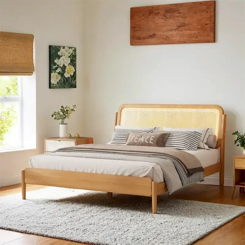 Queen Size Wood Storage Platform Bed with LED Light,Rattan Headboard