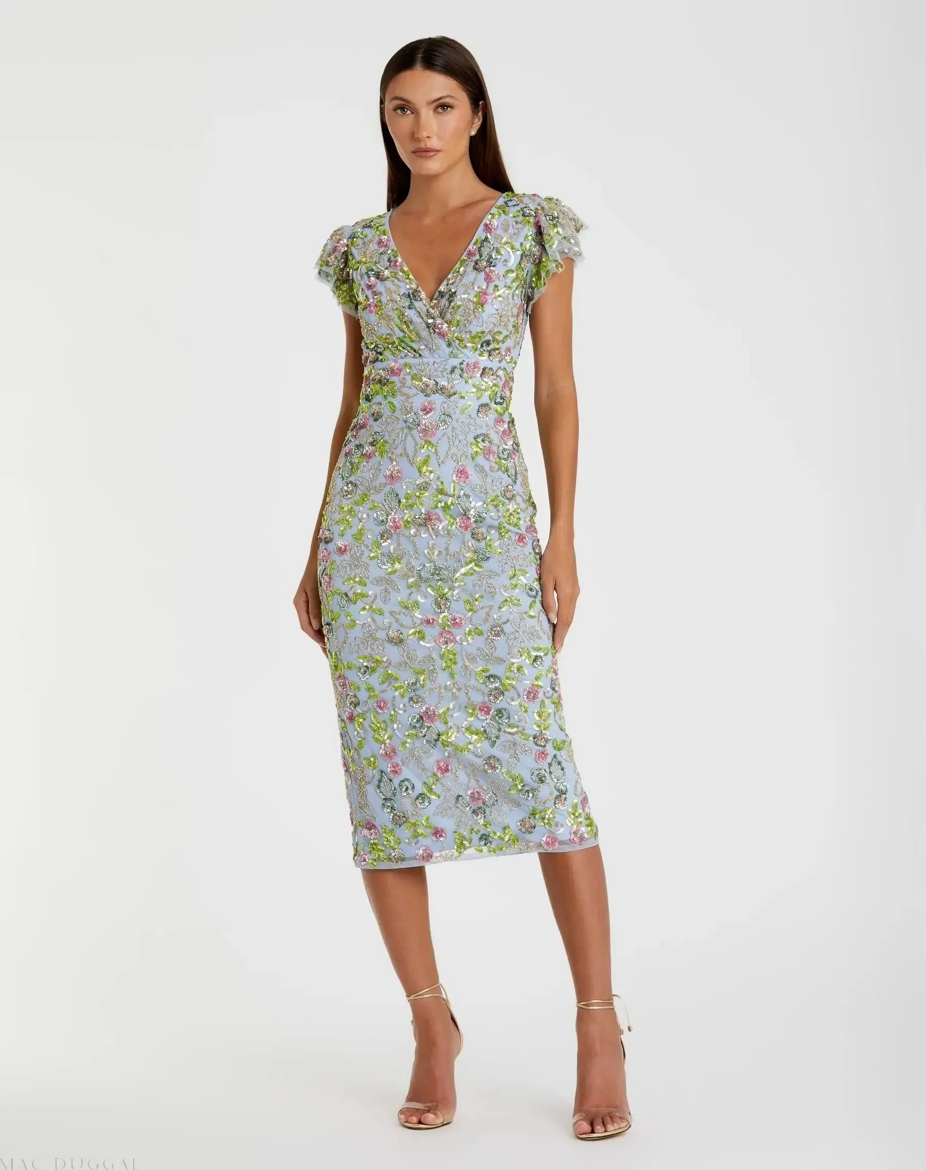 Blue Floral Sequin Embellished Flutter Cap Sleeve Dress