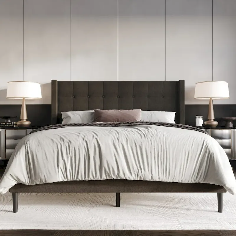Cream / Dark Brown / Grey Button-Tufted Wingback Upholstered Platform Bed – Twin / Full / Queen