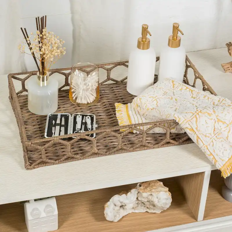 happimess Honeycomb 19.75  Rustic Bohemian Hand-Woven Rattan Tray, Natural